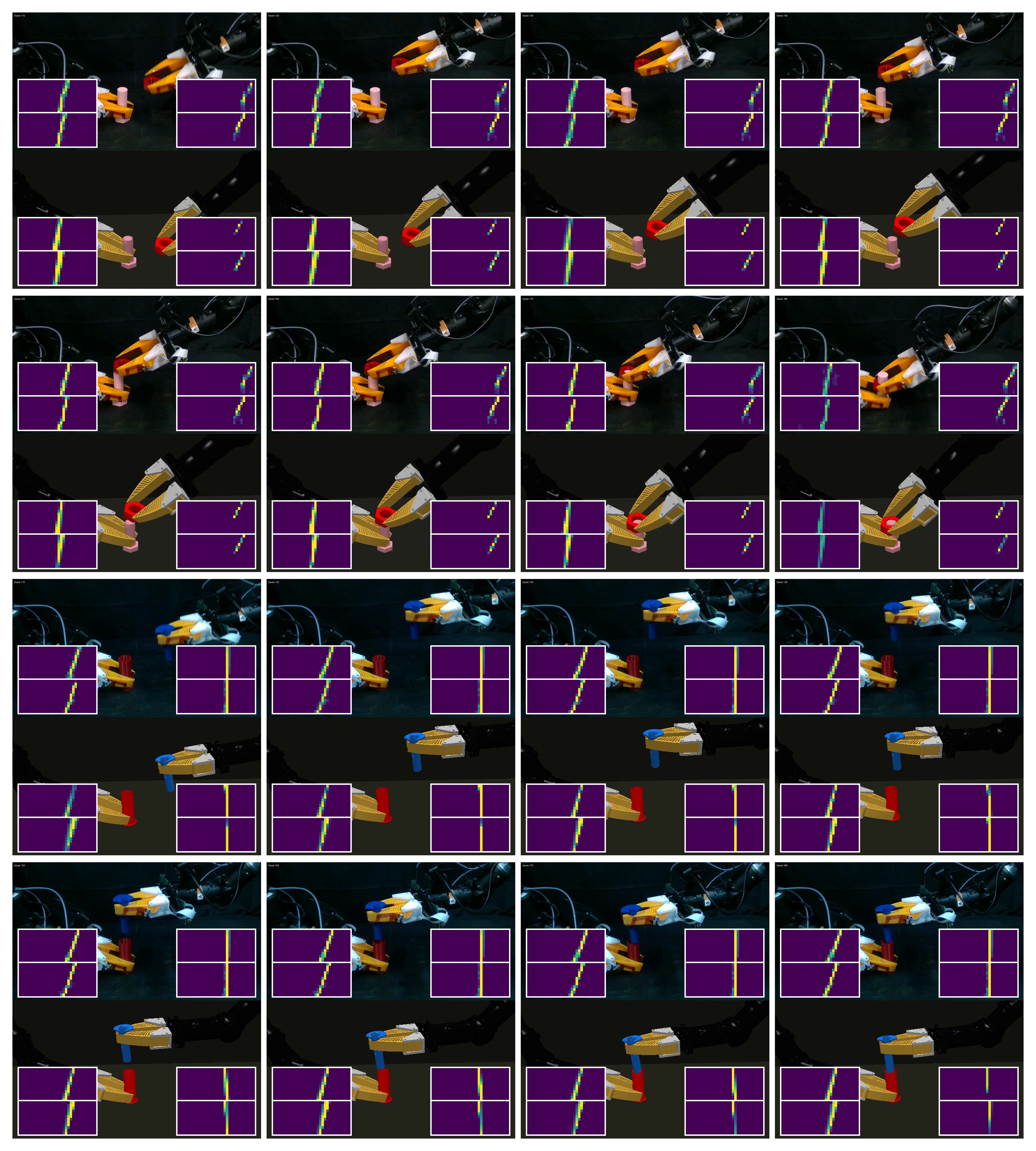 Synchronized real-to-simulation tactile replay frames showing matched contact locations and tactile-map evolution during assembly tasks.